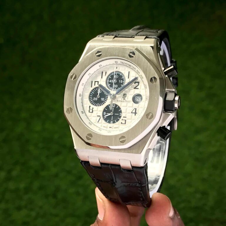 Audemars Piguet Off Shore Chronograph’s Black Leather Strap White Dial