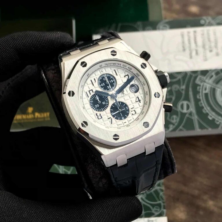 Audemars Piguet Off Shore Chronograph’s Black Leather Strap White Dial