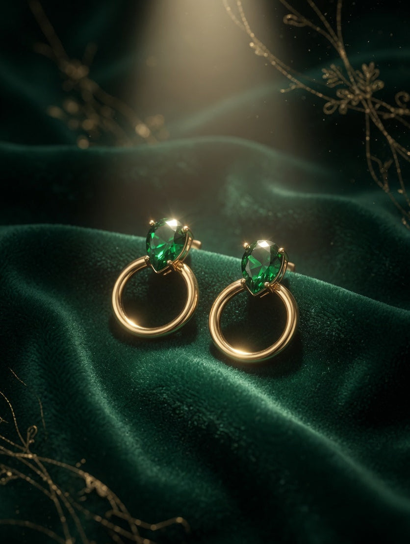Eora Gold Hoop Drop Earrings with Pear Cut Green Gemstone