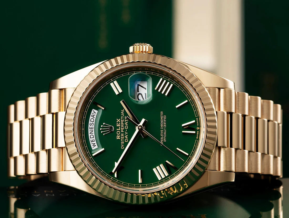 Rolex Day-Date 40 Yellow Gold Green Ombre Roman Numeral Dial