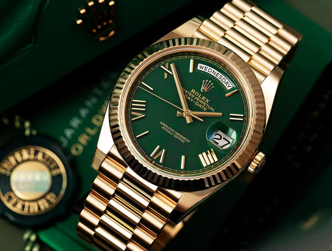 Rolex Day-Date 40 Yellow Gold Green Ombre Roman Numeral Dial